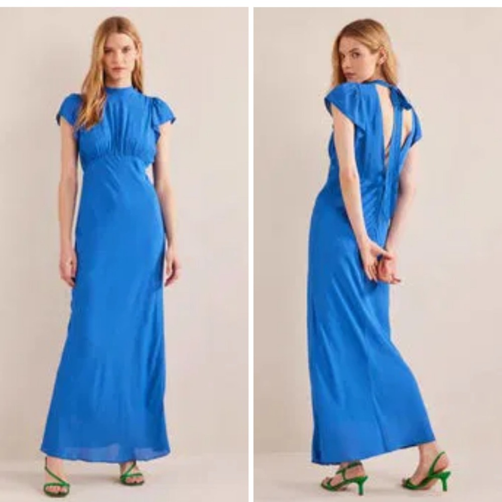 NWT Boden Open Back Tie Back Detail Maxi Dress Blue High Neck Flutter Sleeves